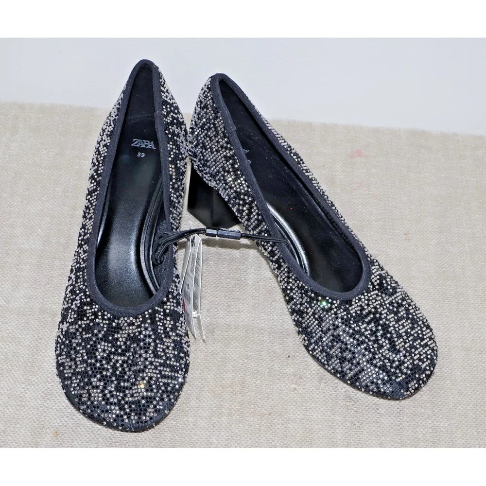 ZARA WOMEN SHOES SIZE 8/39 BLACK SLIVER RHINESTONES‎ SPARKLES